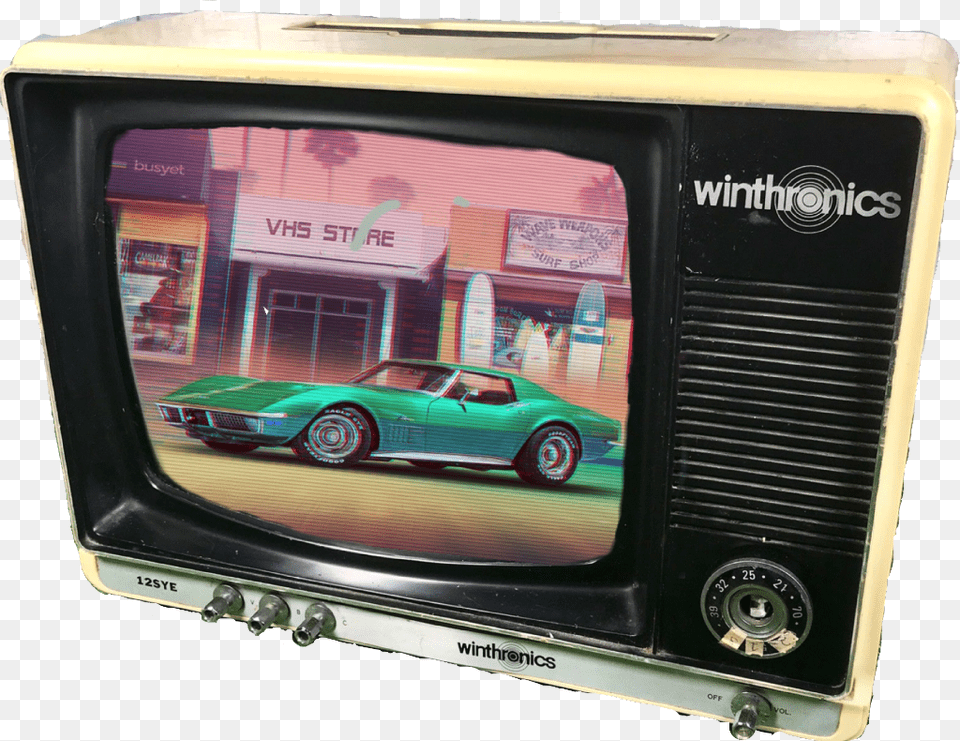 Retro 70s 80s 70 80 Movie Bmw Car Crt Tv Vaporwave Wallpaper Corvette, Vehicle, Transportation, Screen, Monitor Free Png Download