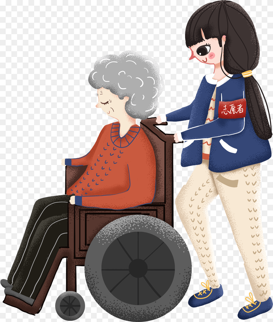 Retro Hand Drawn Illustration Caring Elderly And Portable Network Graphics, Chair, Furniture, Adult, Person Free Png Download