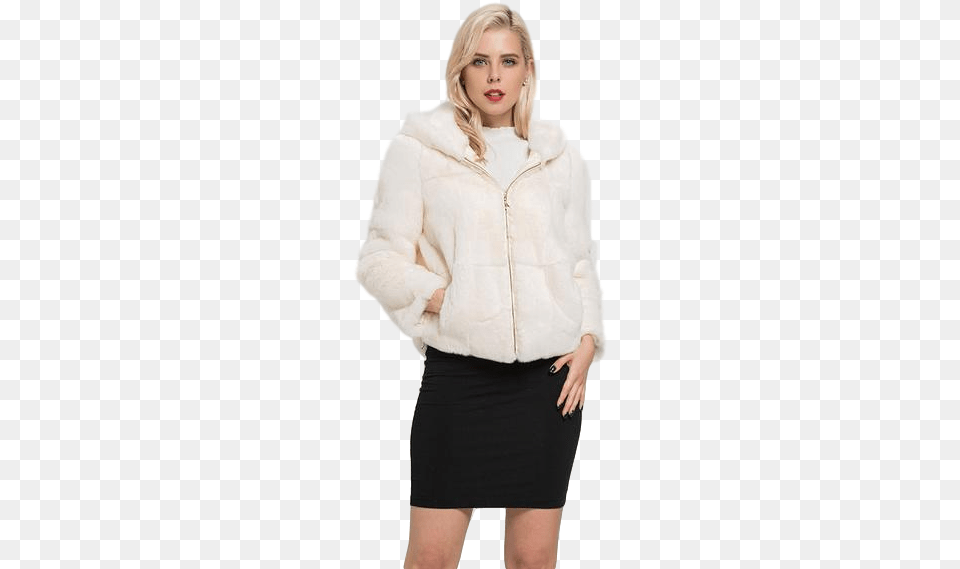Rex Rabbit Fur Coat In Natural White Pencil Skirt, Adult, Person, Jacket, Female Free Transparent Png