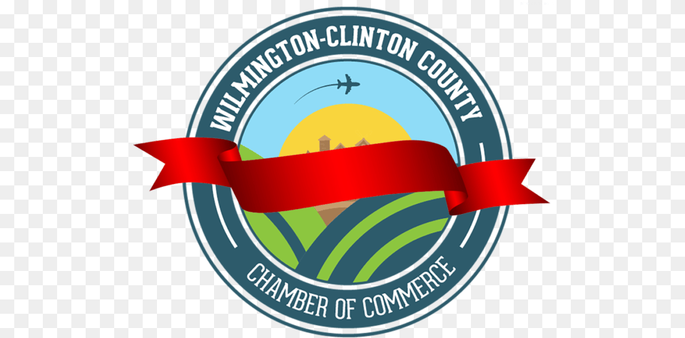 Ribbon Logo Wilmingtonclinton County Chamber Of Commerce Label, Emblem, Symbol, Badge, Dynamite Free Png Download