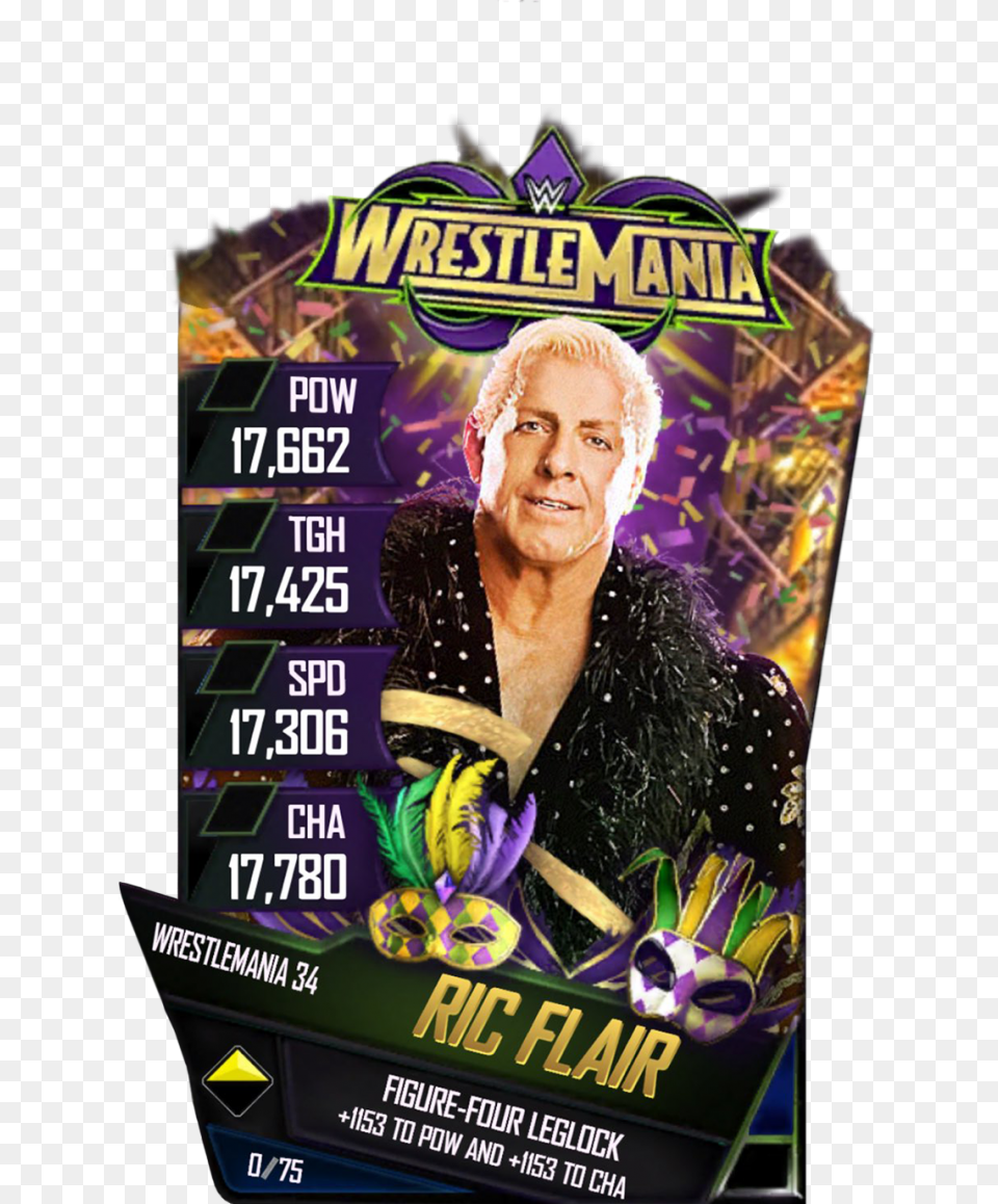 Ricflair S4 19 Wrestlemania34 Wwe Supercard Wrestlemania 34 Cards, Adult, Advertisement, Female, Person Free Png Download