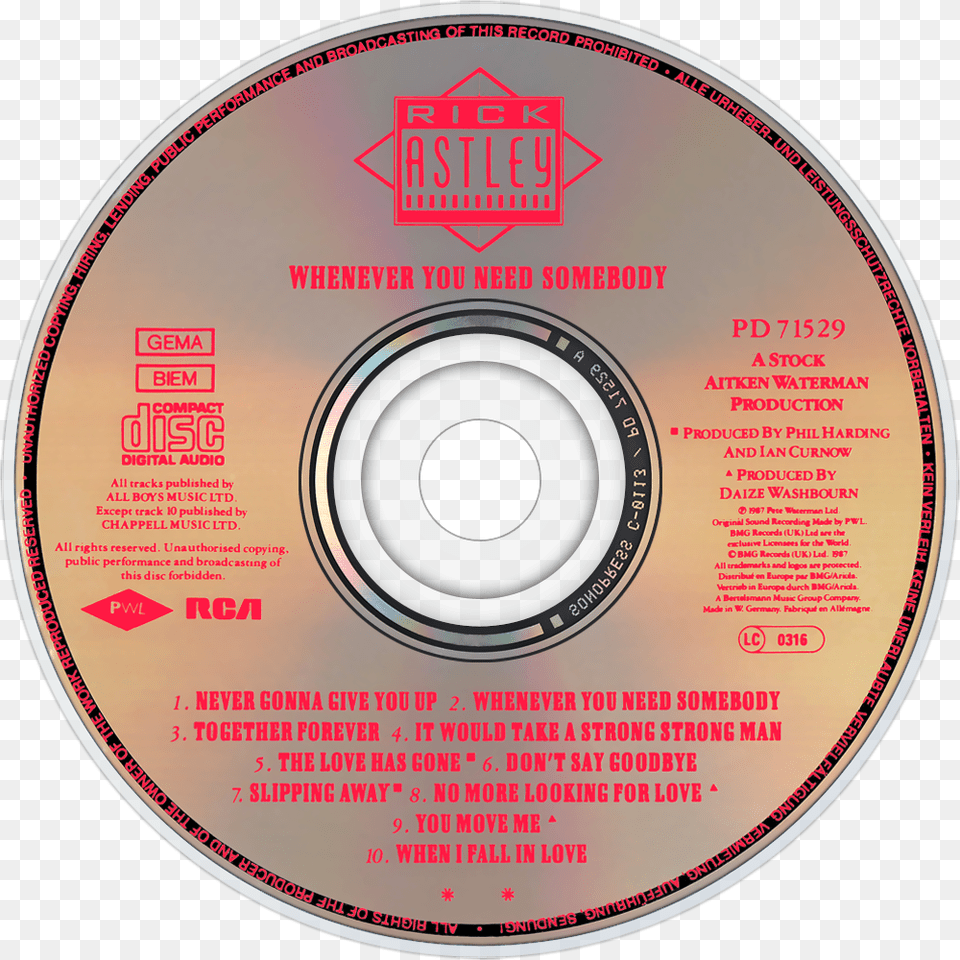 Rick Astley Whenever You Need Somebody Cd Disc Rick Astley Whenever You Need Somebody Cd, Disk, Dvd Png Image