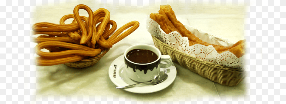 Right Besides The Metro Anton Martin Lies A Gourmet Chocolate Con Churros Y Porras, Cup, Dining Table, Furniture, Table Free Png Download