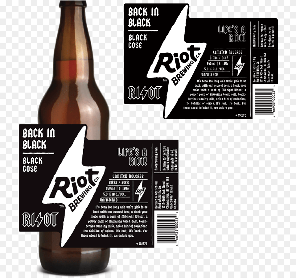 Riot Brewing Co Riot Beer Back In Black Beer Bottle, Alcohol, Beer Bottle, Beverage, Liquor Png Image