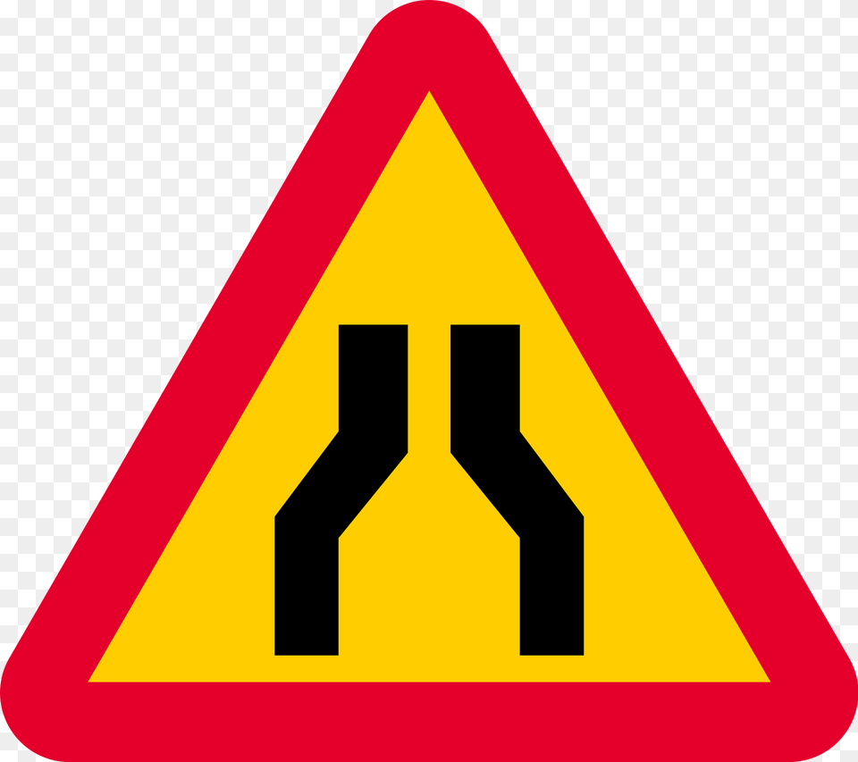 Road Narrows On Both Sides Sign In Sweden Clipart, Symbol, Road Sign, Dynamite, Weapon Png