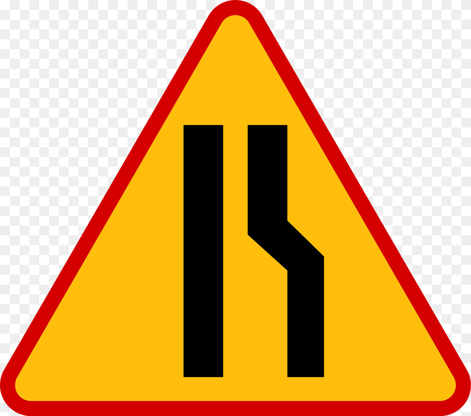 Road Narrows On One Side Sign In Poland Clipart, Symbol, Road Sign Free Transparent Png