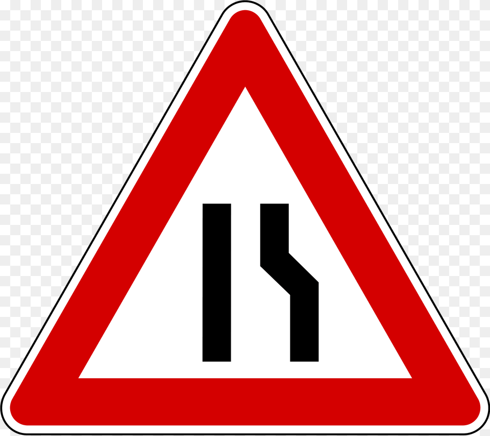 Road Narrows On One Side Sign In Slovenia Clipart, Symbol, Road Sign, Dynamite, Weapon Png Image