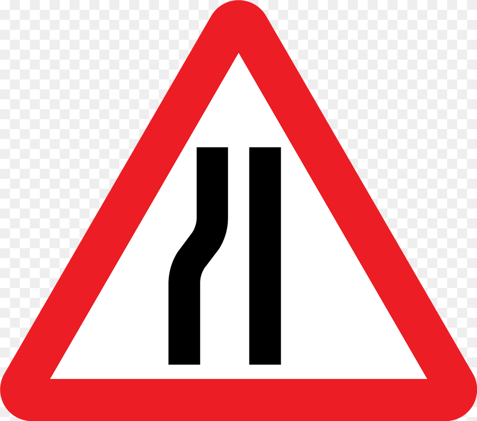 Road Narrows On One Side Sign In Uk Clipart, Symbol, Road Sign, Dynamite, Weapon Png Image