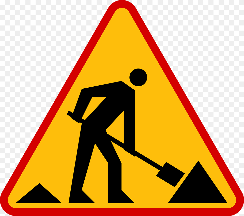 Roadworks Ahead Sign In Poland Clipart, Symbol, Road Sign, Gas Pump, Machine Png