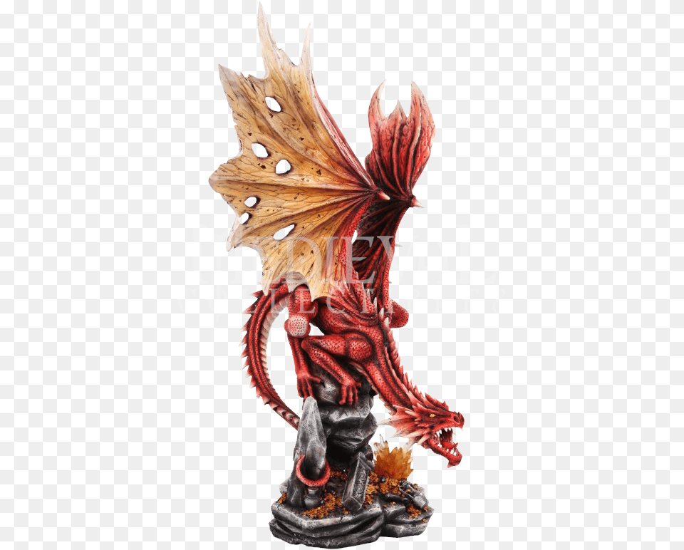 Roaring Red Dragon With Treasure Statue Statue, Animal, Dinosaur, Reptile Png