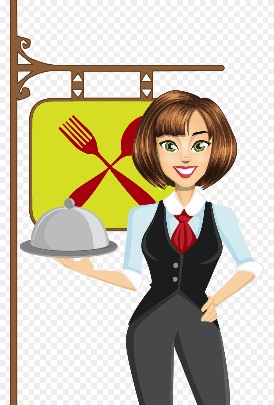 Robust Oriental Soup Waitress Clipart, Fork, Vest, Clothing, Cutlery Png Image