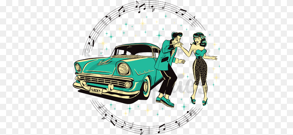 Rock And Roll Dancers With Vintage Car 100 Hits Rock N Roll, Adult, Vehicle, Transportation, Person Png