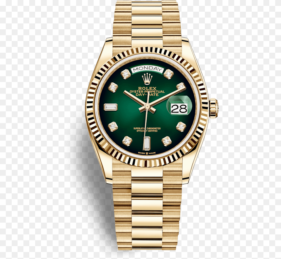 Rolex Day Date 36mm Green Diamond Dial 18k Yellow Gold, Arm, Body Part, Person, Wristwatch Free Png