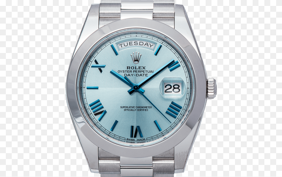 Rolex Day Date 40mm Platinum Ice Blue Roman Dial Analog Watch, Arm, Body Part, Person, Wristwatch Png