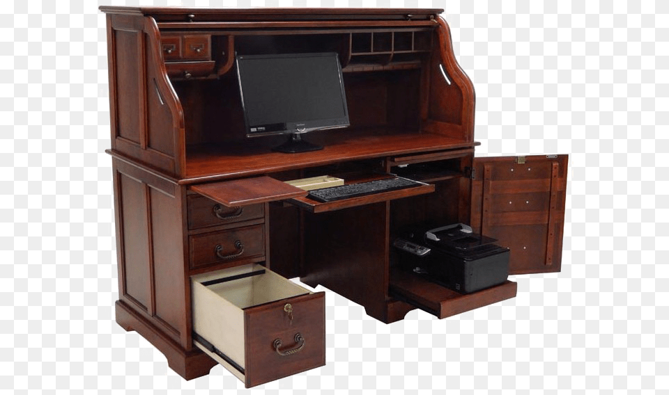 Roll Top Desk Photos Office Table With Computer And Printer, Furniture, Drawer, Electronics, Cabinet Free Png