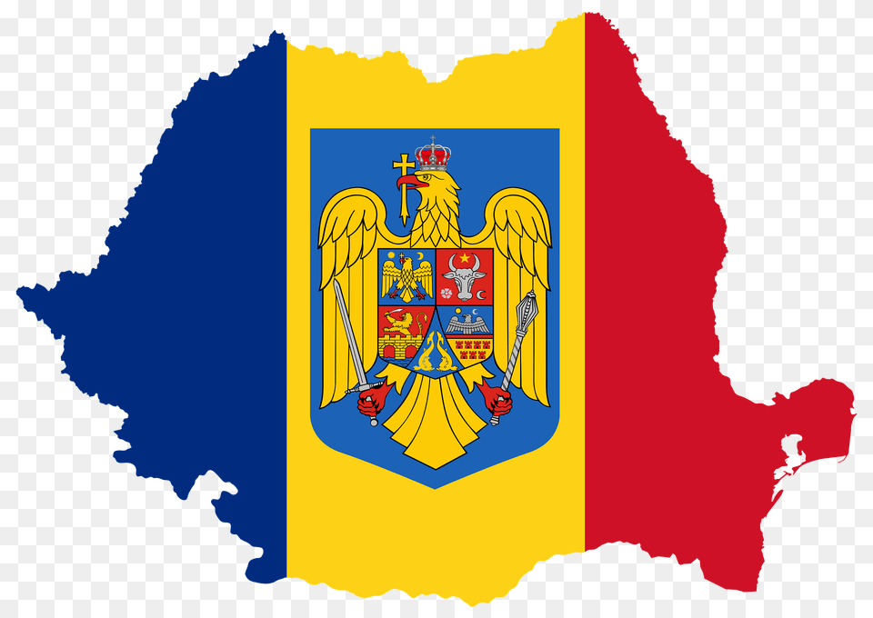Romania Map Flag With Coat Of Arms Clipart, Emblem, Symbol, Logo Free Png