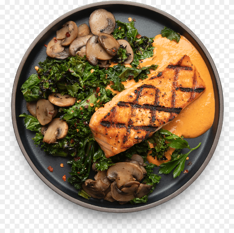 Romesco Salmon Agedashi Tofu, Food, Seafood, Plate, Food Presentation Png