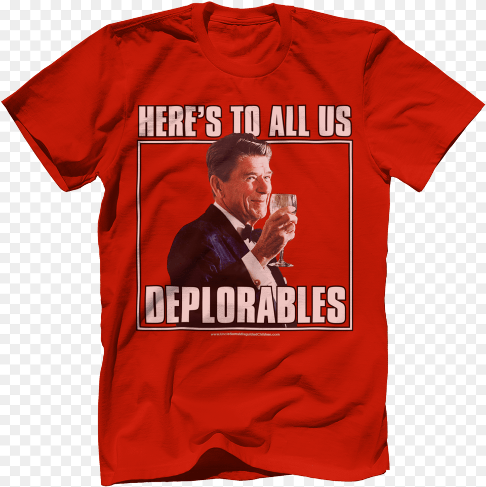 Ronald Reagan Cheers All Deplorables Tee Under Quaker, Clothing, Shirt, T-shirt, Adult Png