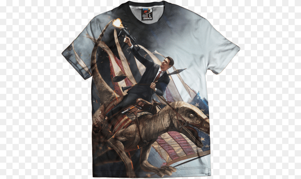 Ronald Reagan Velociraptor Shirt Reagan On T Rex Machine Gun, Clothing, T-shirt, Adult, Male Png