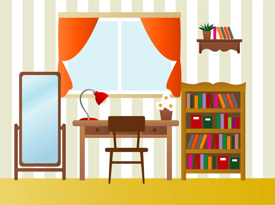 Room With A Desk And Bookshelf Clipart, Furniture, Table, Chair, Indoors Png