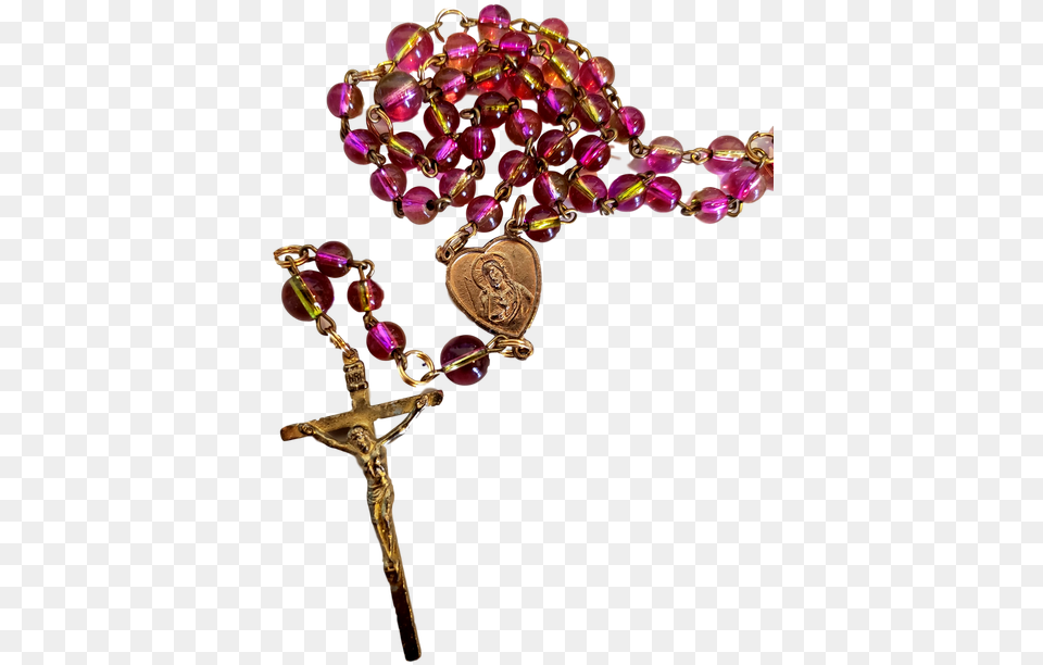 Rosary Pink With Gold Mary And Jesus Heart Christian Cross Rosary Beads Transparent Background, Accessories, Symbol, Bead, Prayer Free Png