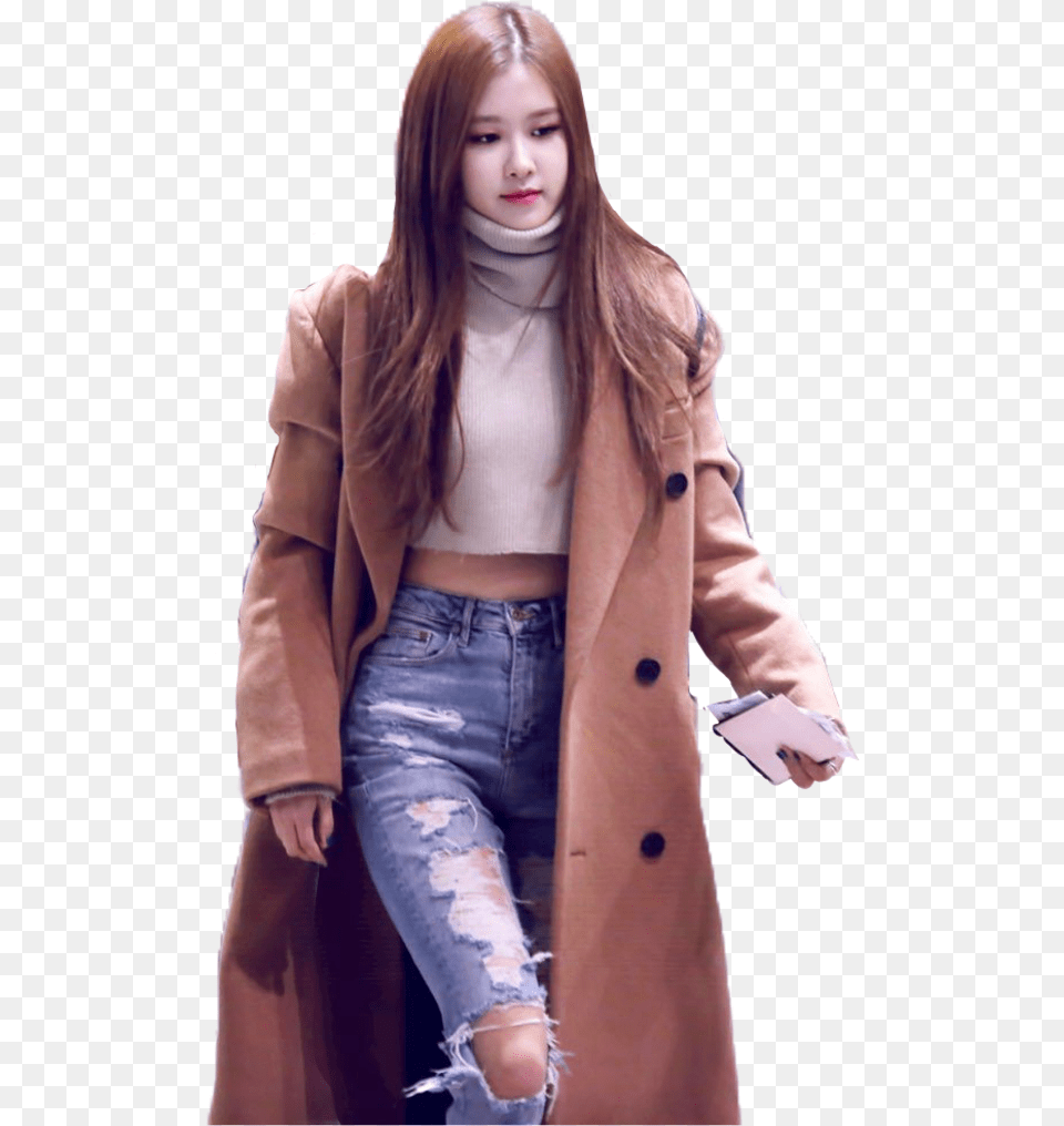 Rose Blackpink Street Style Download Jeans Blackpink Rose Airport Fashion, Clothing, Coat, Overcoat, Adult Png