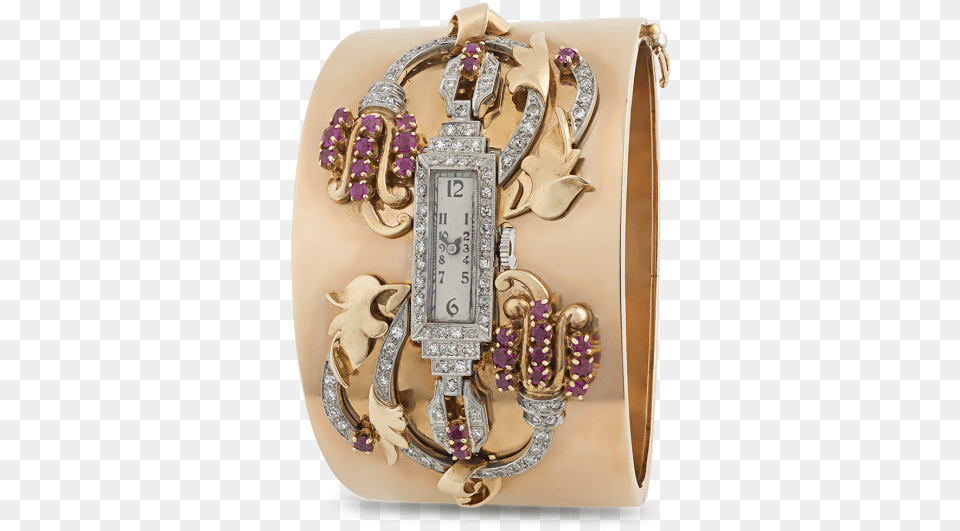Rose Gold Ruby And Diamond Watch Bangle Analog Watch, Accessories, Jewelry, Bracelet, Gemstone Free Png