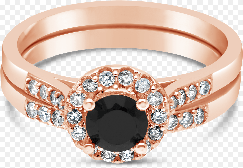 Rose Gold U0026 Black Diamond Halo Ring With Matching Band Rose Gold Black Diamond Rings, Accessories, Jewelry, Gemstone, Necklace Free Transparent Png