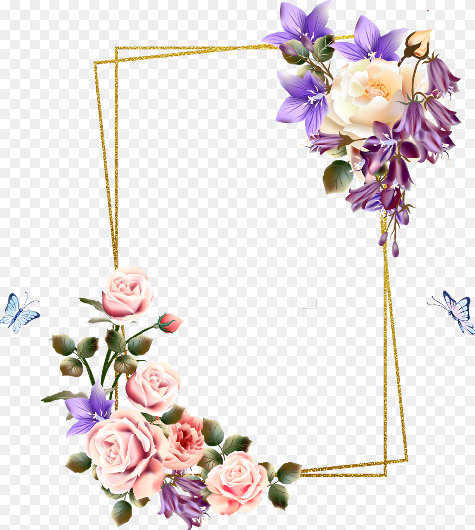 Rose Square Flower Floral Frame Butterfly Gold, Plant, Flower Arrangement, Flower Bouquet, Petal Png Image