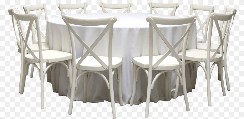 Round Banquet Table With 10 Vintage White Cross Back, Furniture, Dining Table, Chair, Home Decor Png Image