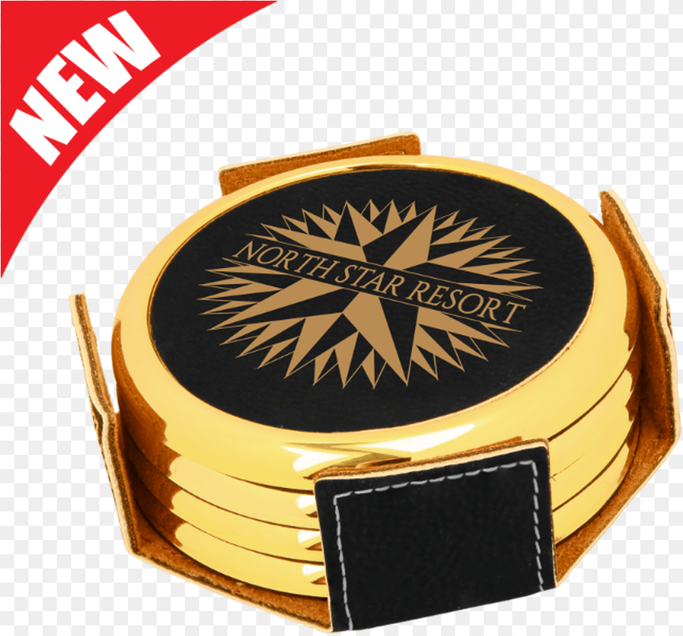 Round Black Leatherette With Gold Edge 4 Coaster Set Round Leatherette Coasters Laser Free Png