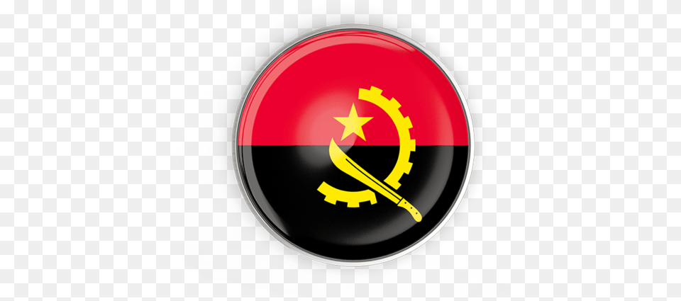 Round Button With Metal Frame Flag Of Angola, Emblem, Symbol, Logo Free Transparent Png