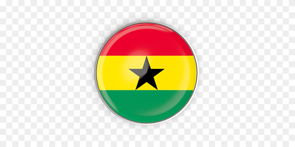 Round Button With Metal Frame Illustration Of Flag Of Ghana, Star Symbol, Symbol, Logo Png