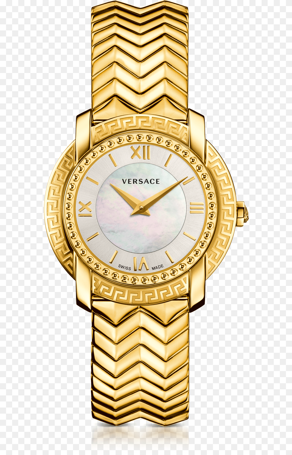 Round Gold Womens Watch Wmother Of Pearl Dial Versace Arm, Body Part, Person, Wristwatch Free Png