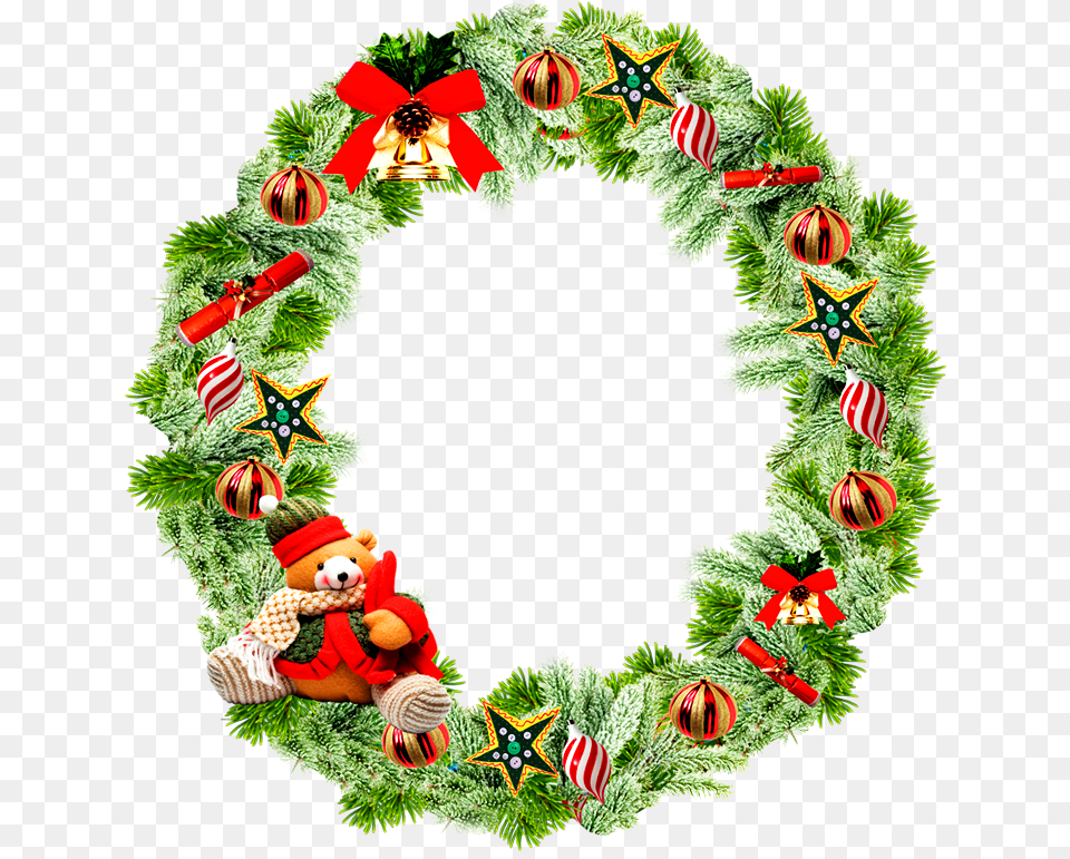 Round Merry Christmas Download, Wreath, Teddy Bear, Toy Png Image