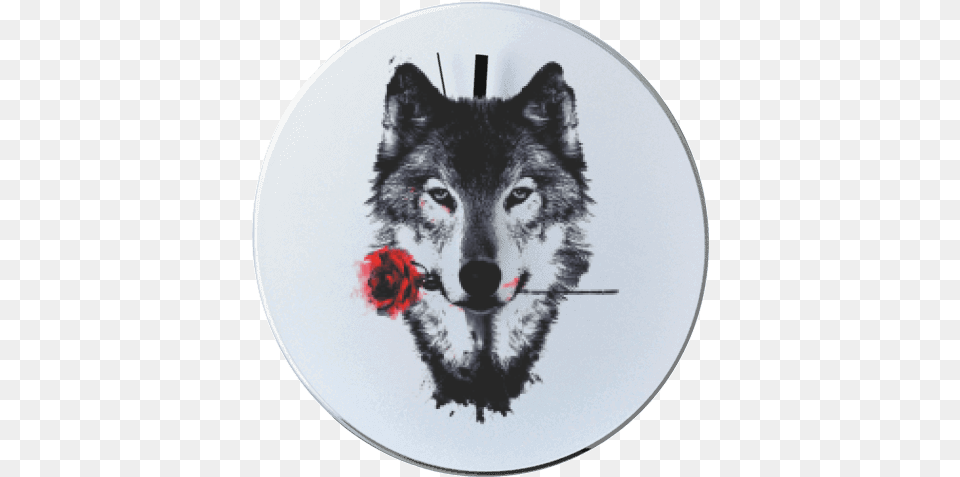 Round Wall Clock With Printing Wolf Wolf With Rose, Animal, Mammal, Cat, Pet Png