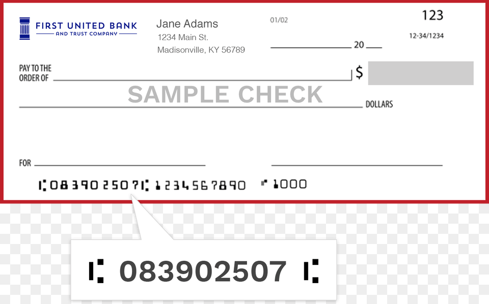 Routing First United Bank Check, Text, Document Png Image
