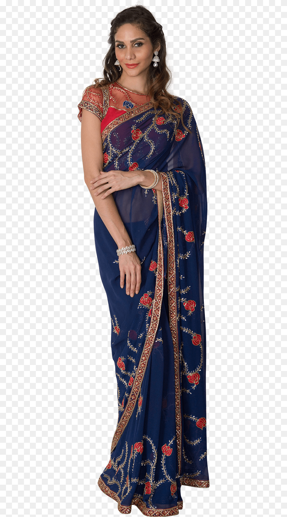 Royal Blue Saree With Red Flowers Blue, Adult, Sari, Person, Woman Png Image