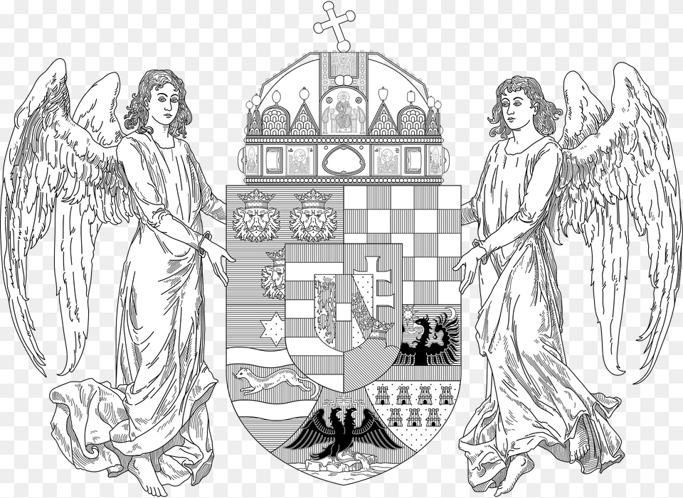 Royal Coat Of Arms Of The Kingdom Of Hungary 1896 1915 Angels Monochrome Clipart, Adult, Wedding, Person, Woman Free Png Download