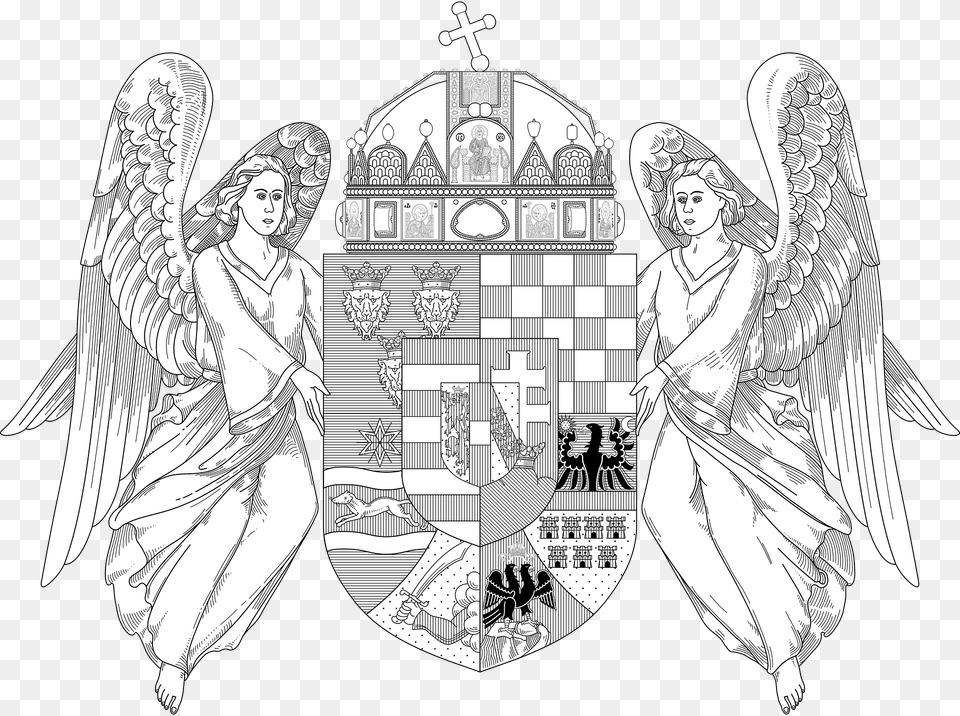 Royal Coat Of Arms Of The Kingdom Of Hungary 1915 1918 Angels Monochrome Clipart, Angel, Baby, Person, Face Free Transparent Png