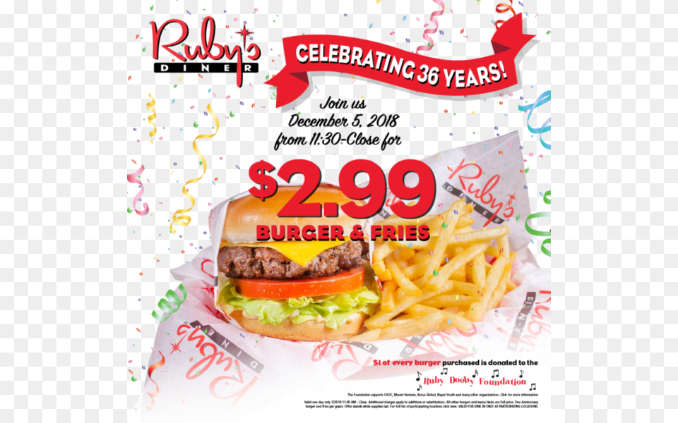 Ruby S Diner Celebrates 36 Years Of Burgers Fries, Advertisement, Burger, Food, Poster Png