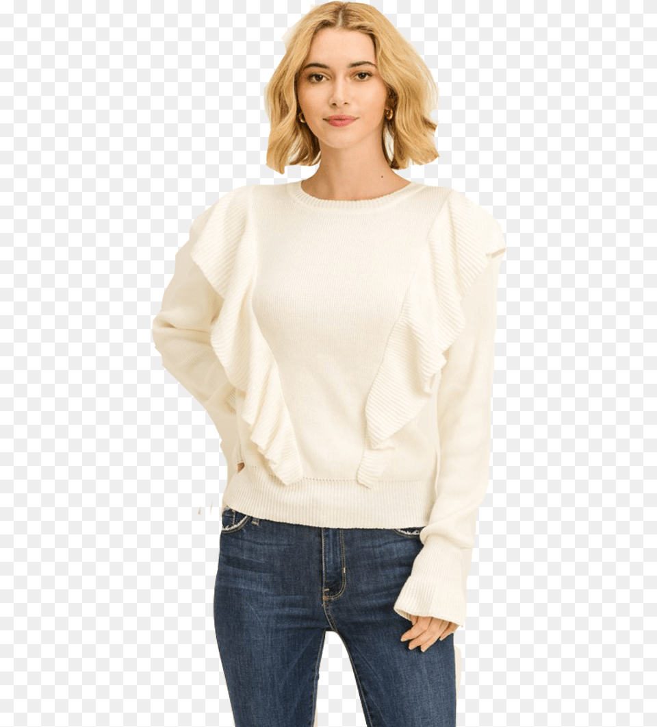 Ruffle Front Sweater Photo Shoot, Adult, Person, Pants, Knitwear Free Transparent Png
