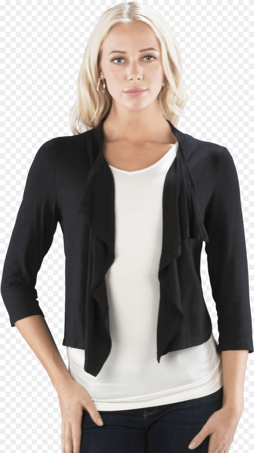 Ruffled Slub Shrug With Double Ruched Back Black Top Top, Adult, Sweater, Person, Knitwear Free Png Download