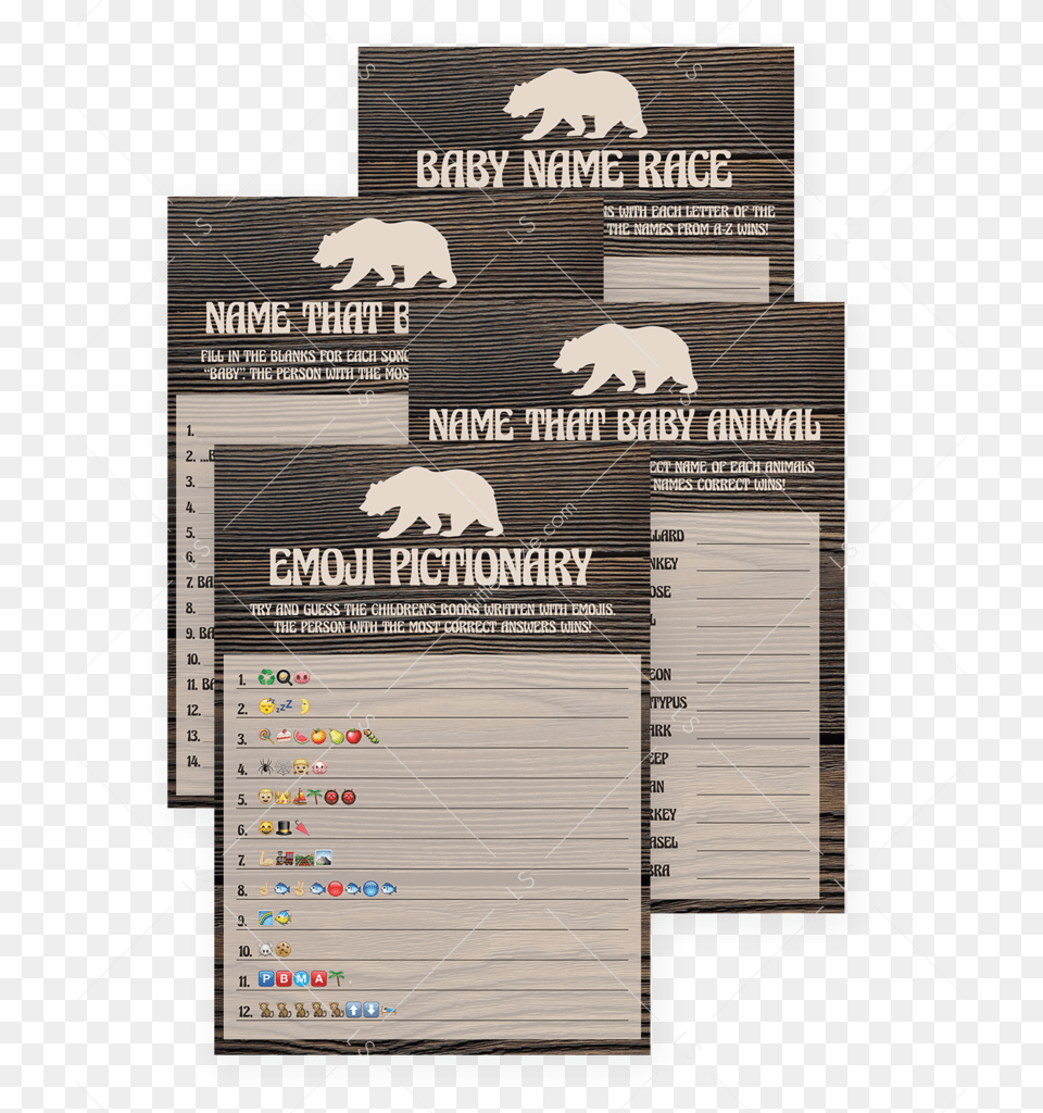 Rustic Baby Shower Games Set Printables Wood Look By Baby Shower, Advertisement, Poster, Animal, Bear Png Image