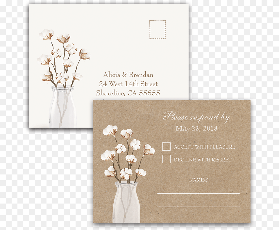 Rustic Cotton Theme Kraft Paper Wedding Rsvp Postcard Wedding Invitation, Envelope, Mail, Plant, Flower Free Png Download