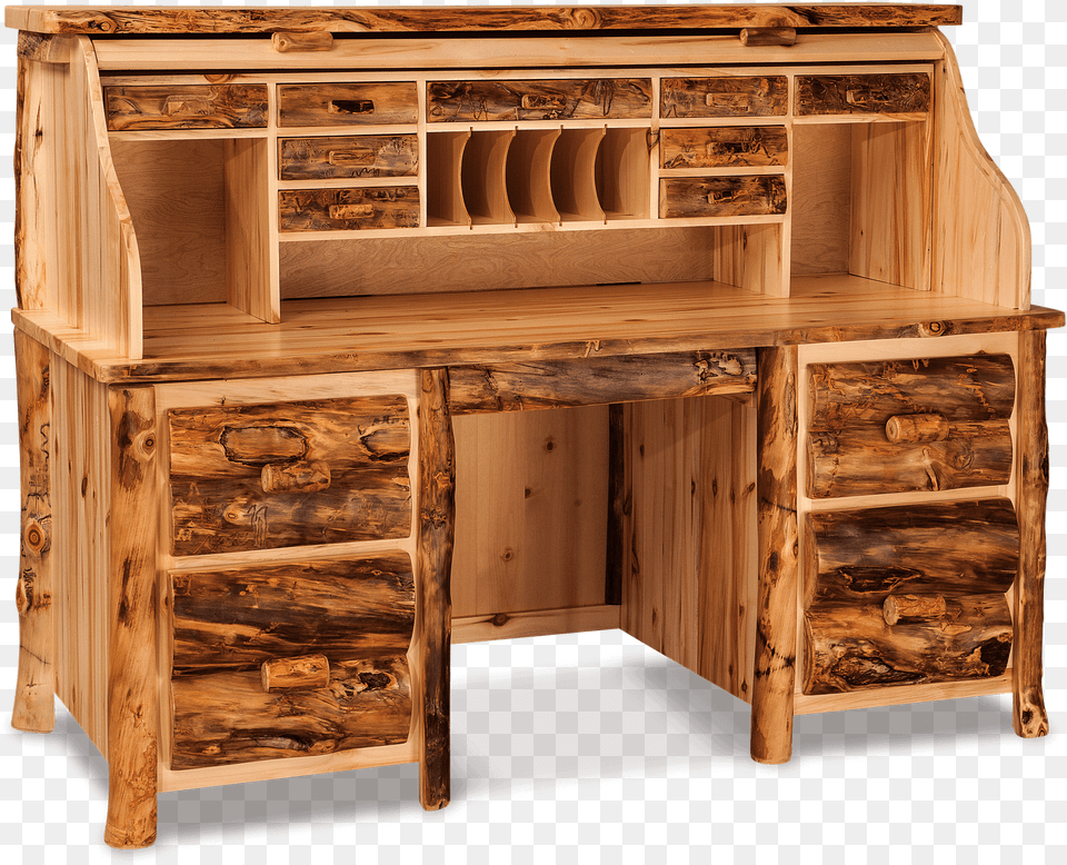 Rustic Log Roll Top Desk, Furniture, Sideboard, Table, Wood Png