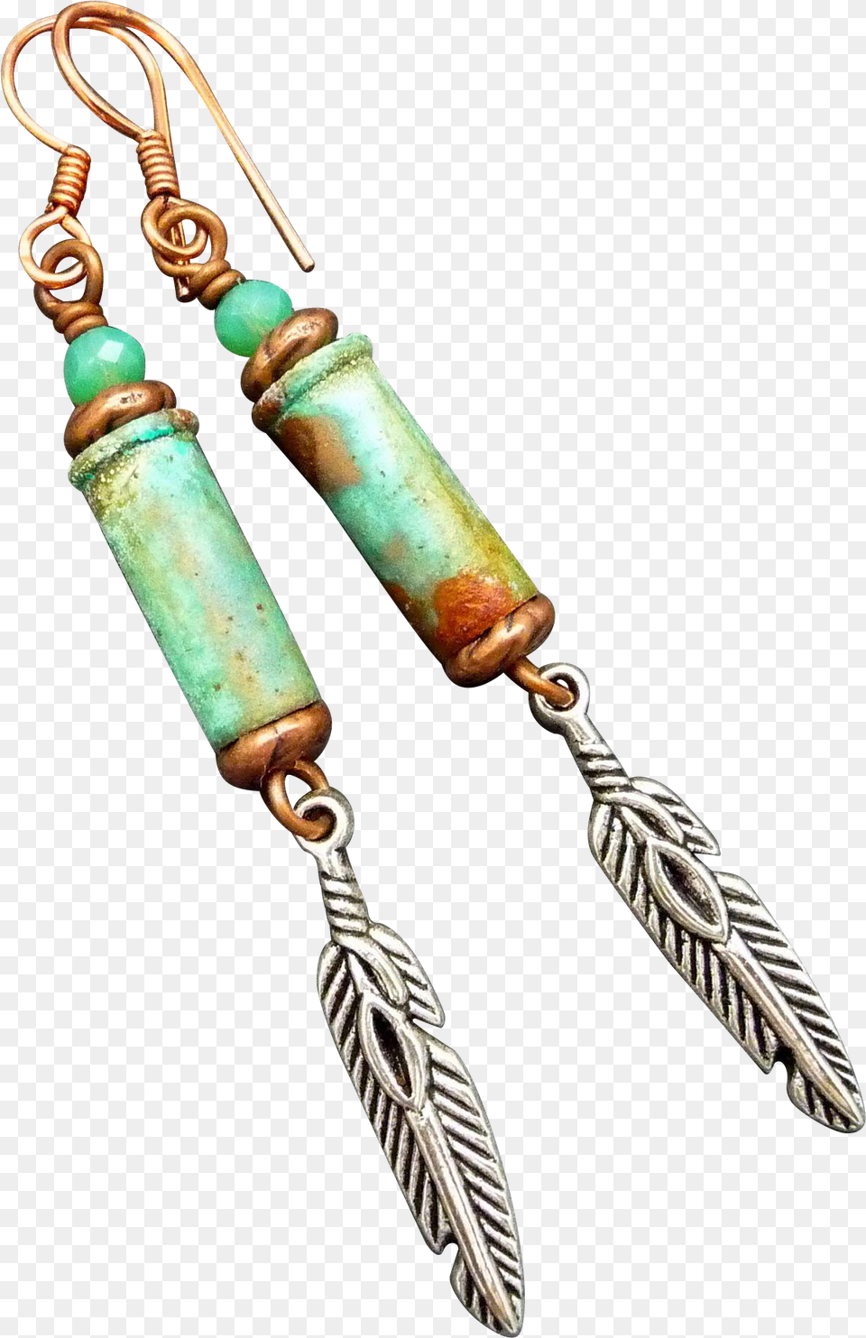 Rustic Patina Bullet Shell Earrings With Silver Feather Earrings, Accessories, Turquoise, Jewelry, Earring Png Image