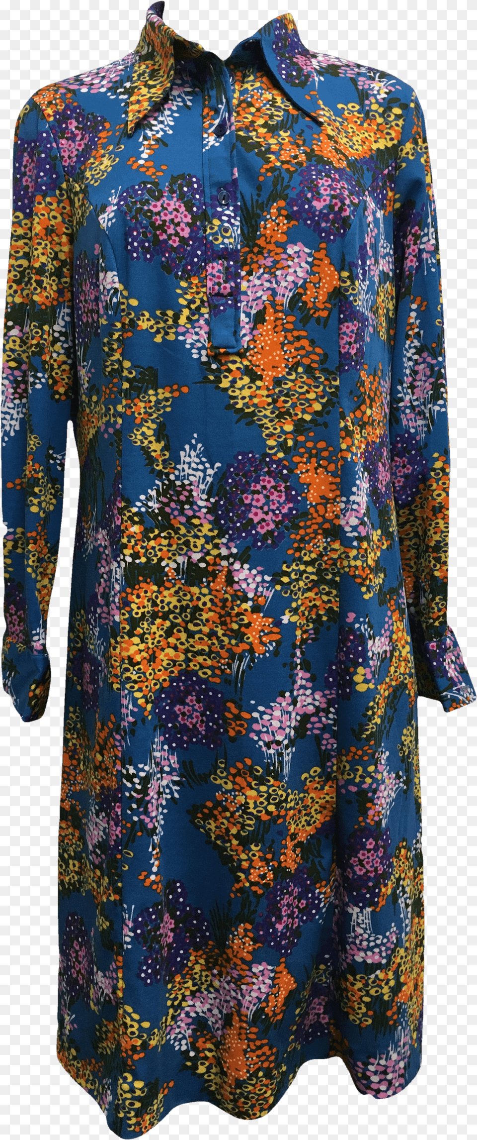 S Blue And Multicolor Floral Print Collared Midi Day Dress, Sleeve, Pattern, Clothing, Long Sleeve Free Png