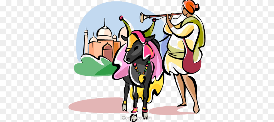 Sacred Cow In Front Of Taj Mahal Royalty Vector Clip Art, Person, Animal, Bull, Mammal Png