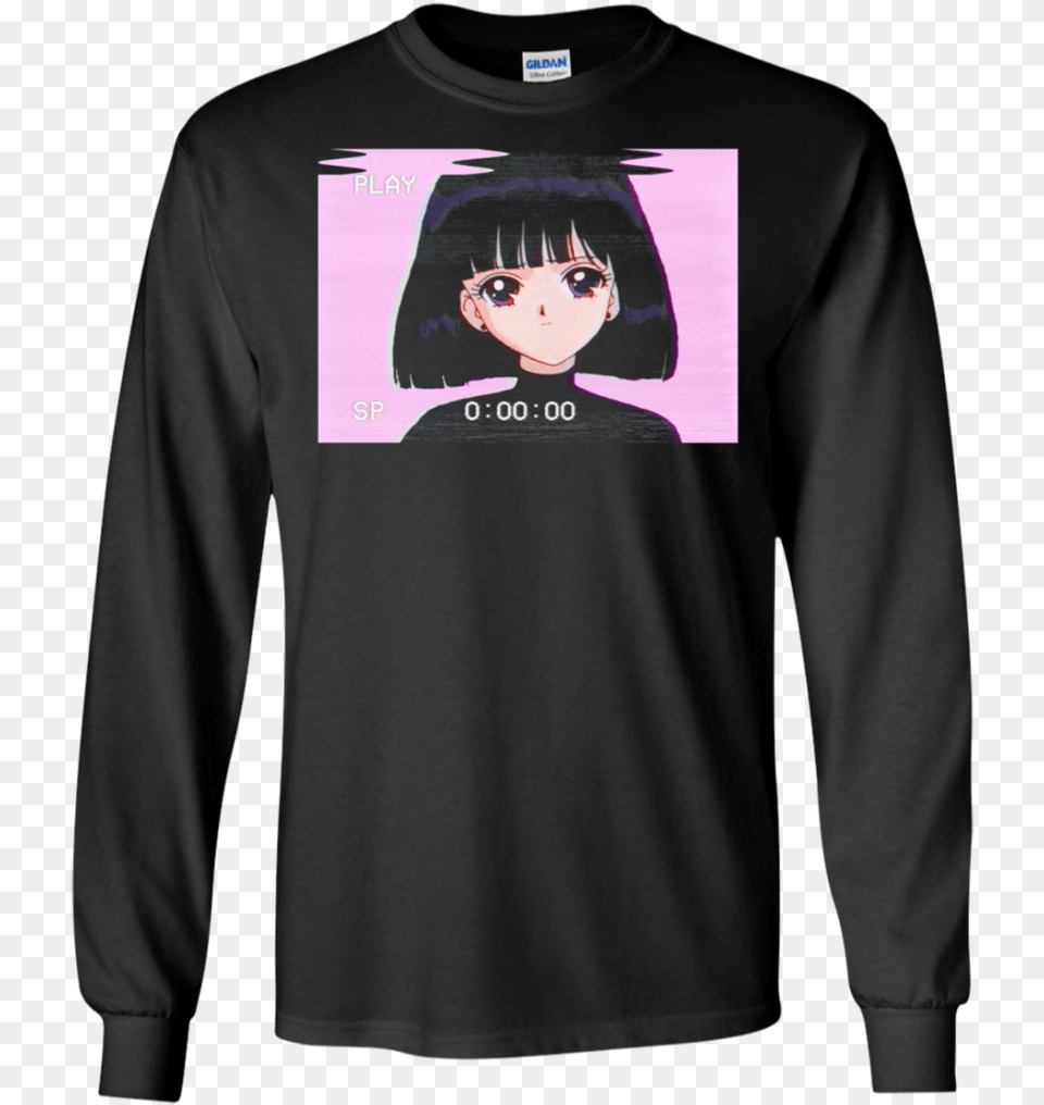 Sad Girl Retro Japanese Anime Vaporwave Apparel Vaporwave Long Sleeve, T-shirt, Long Sleeve, Clothing, Person Free Png Download